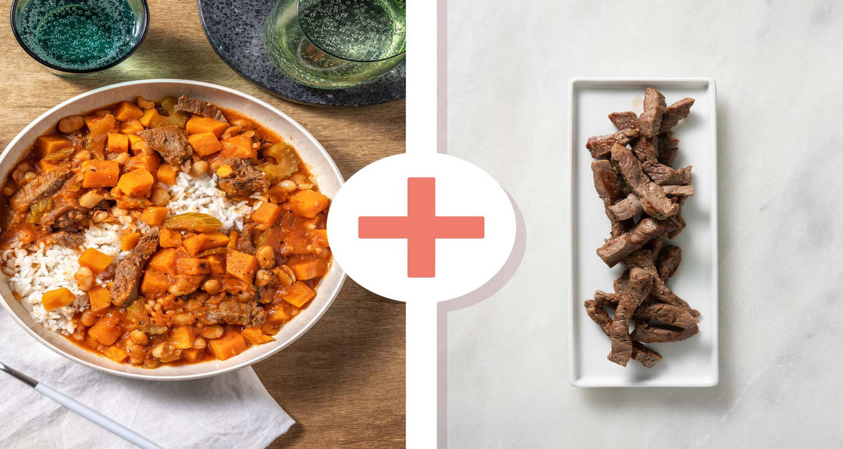 Spezzatino di manzo e fagioli con patate dolci e riso Basmati