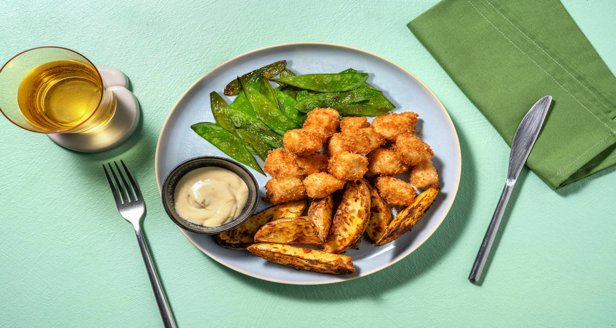 Nuggets de pollo caseros con patatas con tirabeques salteados y mayonesa de mostaza