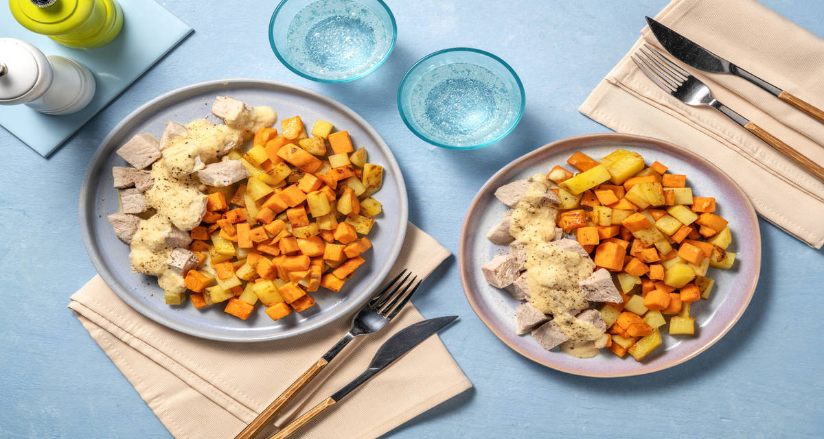 Maiale in salsa alle mele e rosmarino con mix di patate e patate dolci rosolate