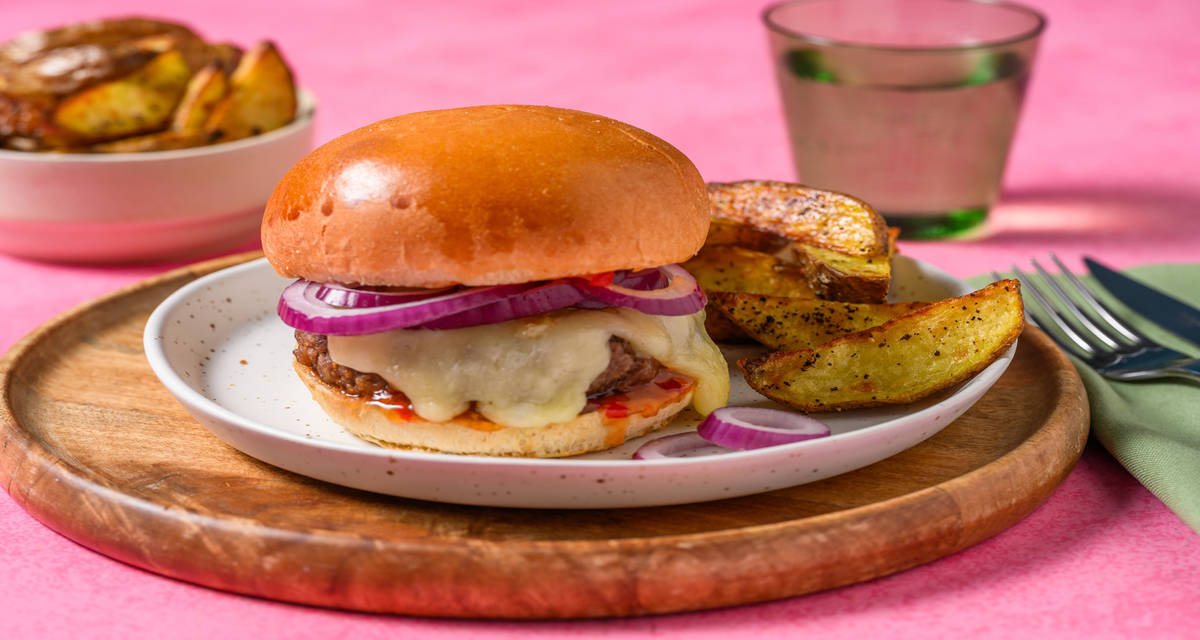 Cheesy Mexican Spiced Burger with chilli flake potato wedges