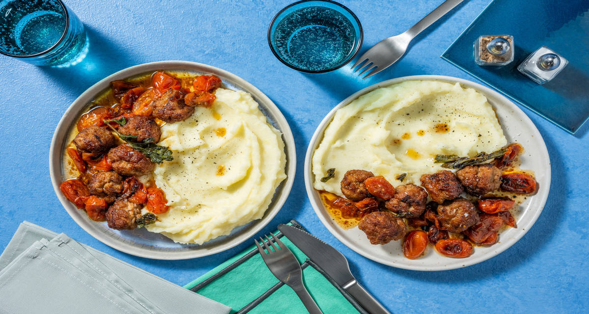 Polpette di pollo e pomodorini all'origano con purè di patate al formaggio