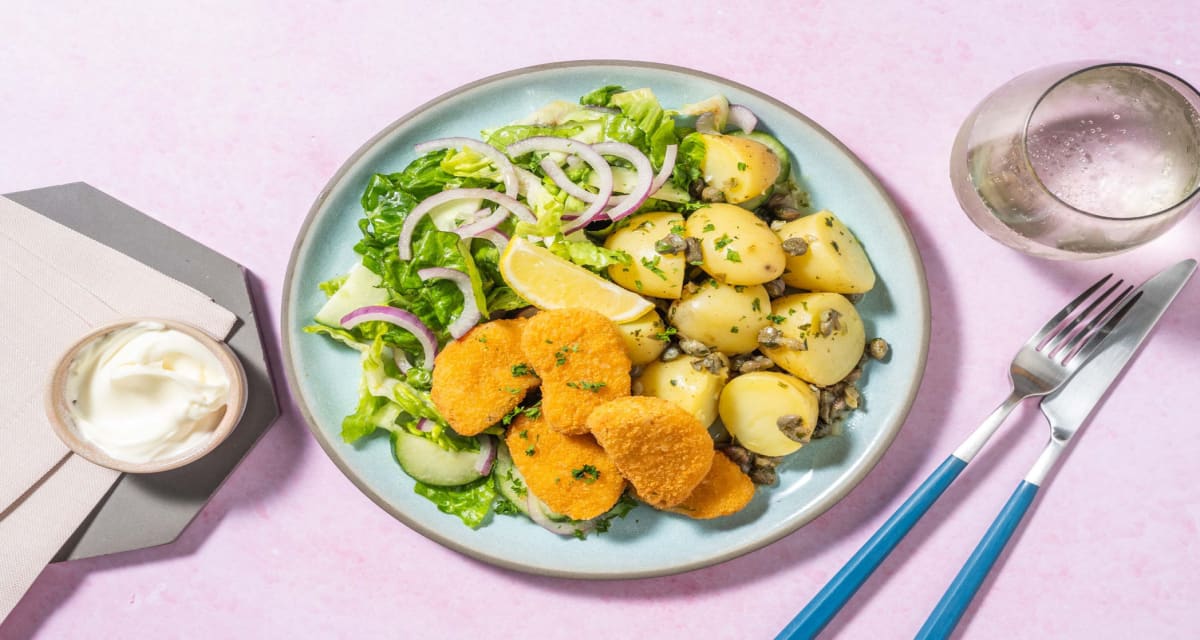 Vegan nuggets met peterseliekrieltjes met kappertjes en frisse salade-image