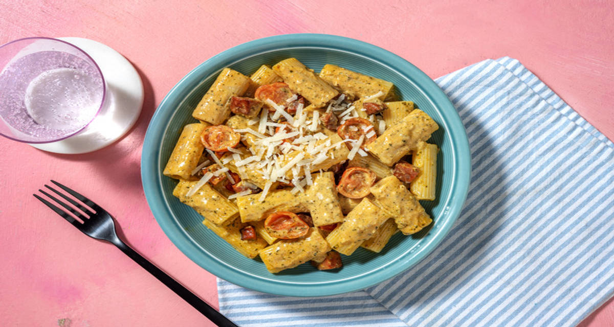 Creamy Pesto and Bacon Pasta with cheese and cherry tomatoes