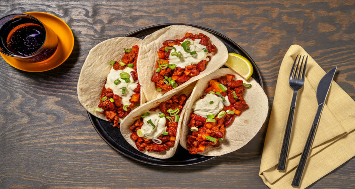 Mexican Spiced Turkey Tortillas with kidney beans and zesty creme fraiche
