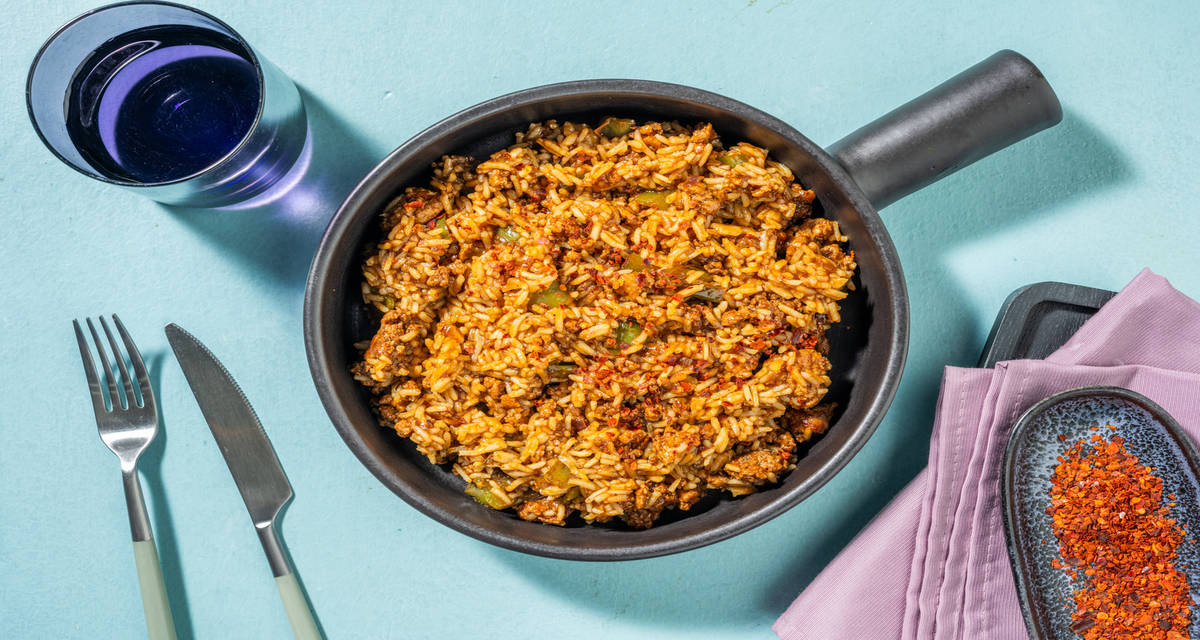 Arroz rojo con carne picada mixta con verduras salteadas y salsa asiática