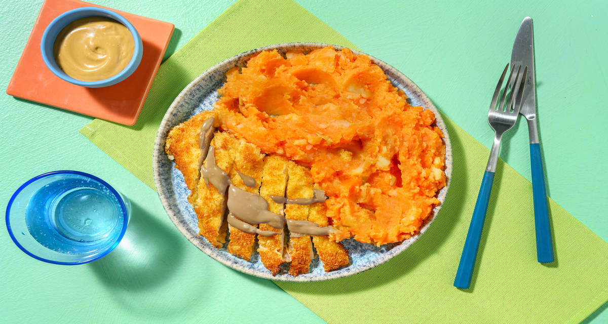 Pollo crujiente con mayonesa de hoisin acompañado de puré de patata y boniato