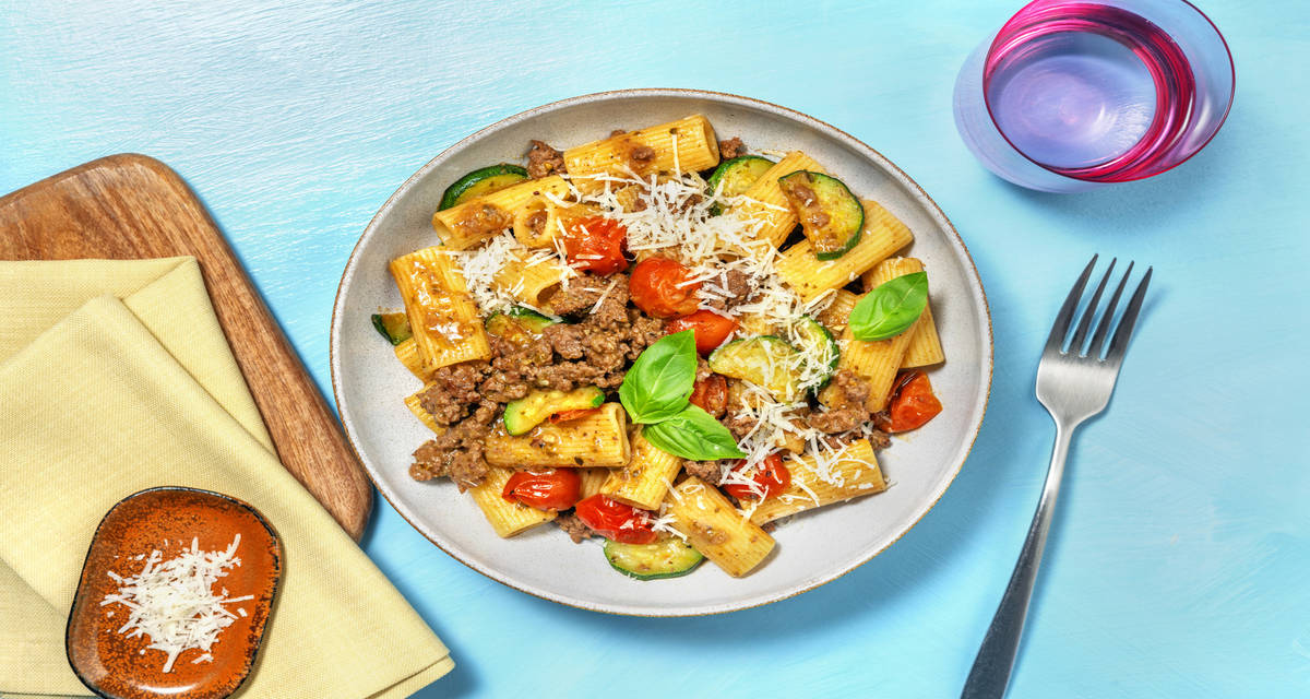 Rigatoni con boloñesa de ternera y pesto con tomates cherry y calabacín salteado
