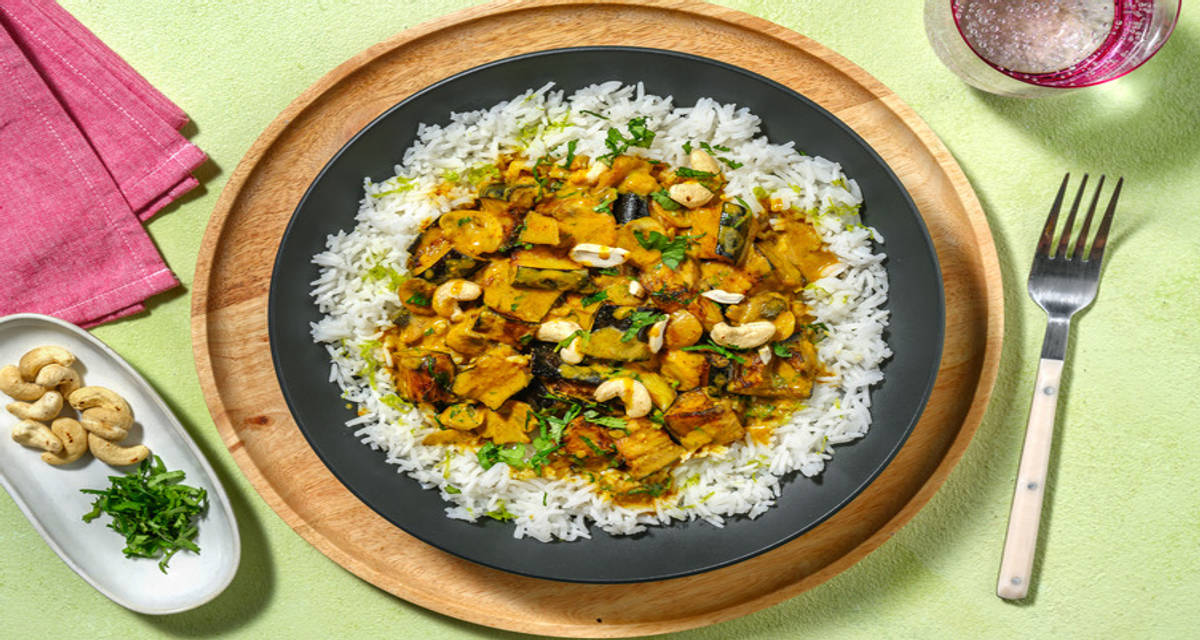 Korma Style Mushroom Curry with roast aubergine and fluffy rice