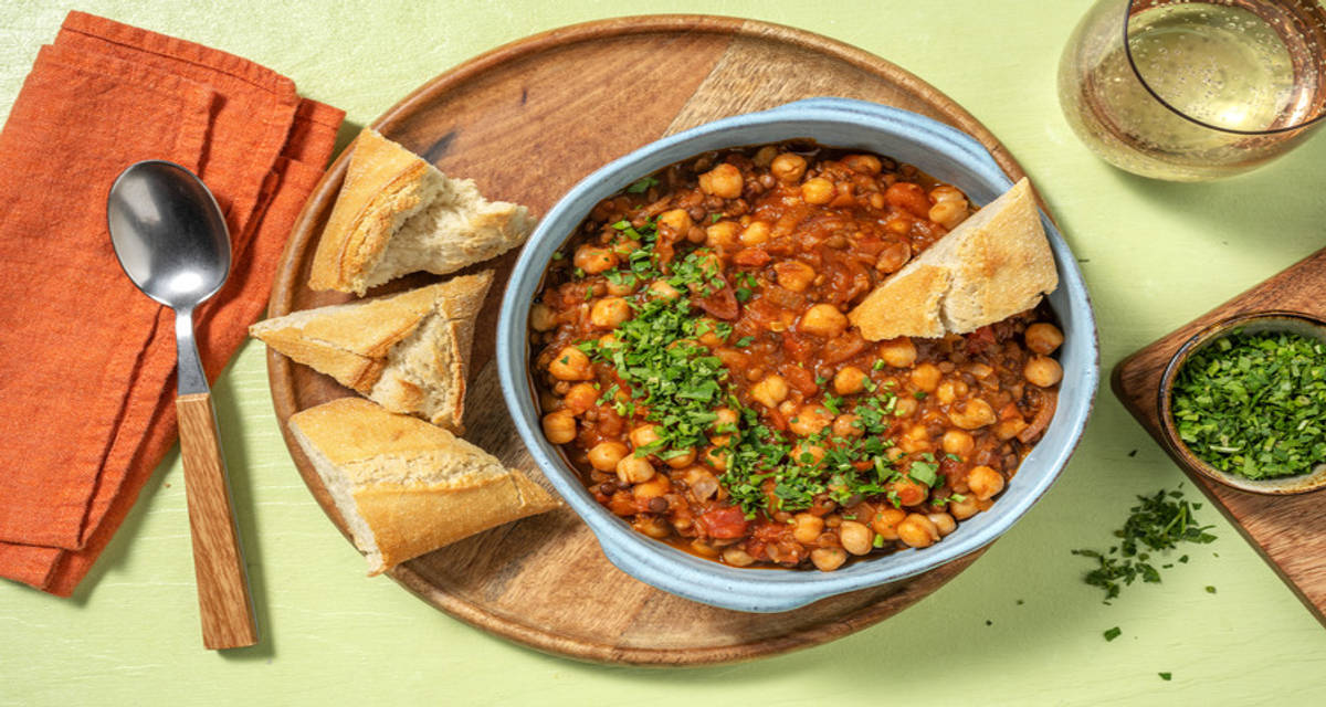 Moroccan Spiced Lentil Stew with chickpeas and toasted baguette