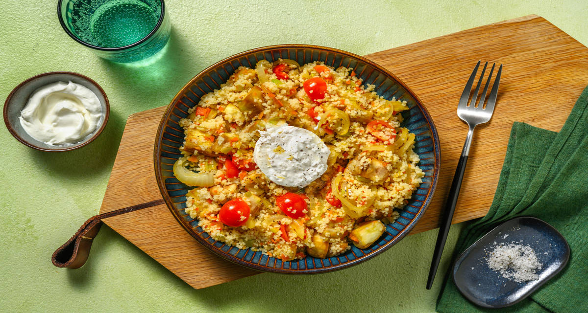 Couscous alle verdure e burrata pugliese con melanzane, datterini e carote stufate