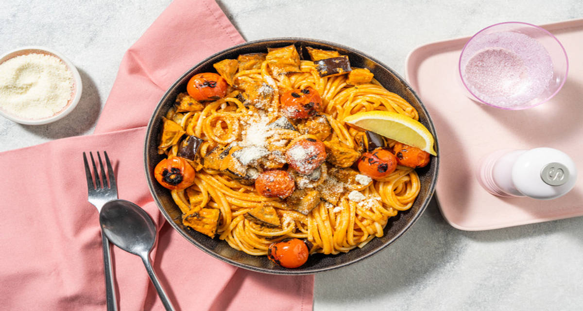 Linguine Melanzane with blistered cherry tomatoes