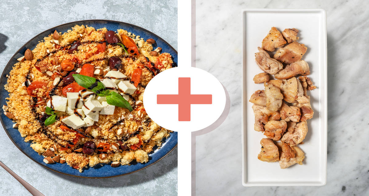 Couscous ai pomodorini, bufala e pollo con olive leccino e mandorle