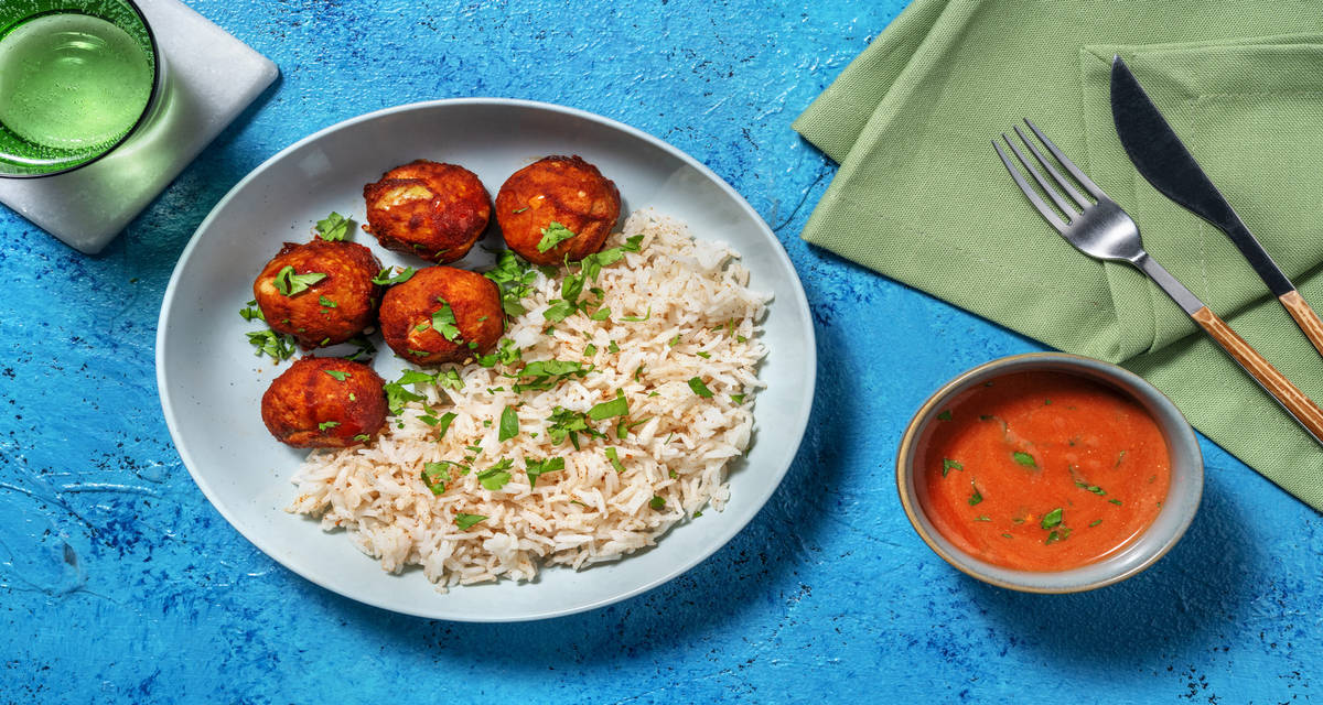 Bolitas de tofu glaseadas con salsa de tomate a la harissa y arroz basmati