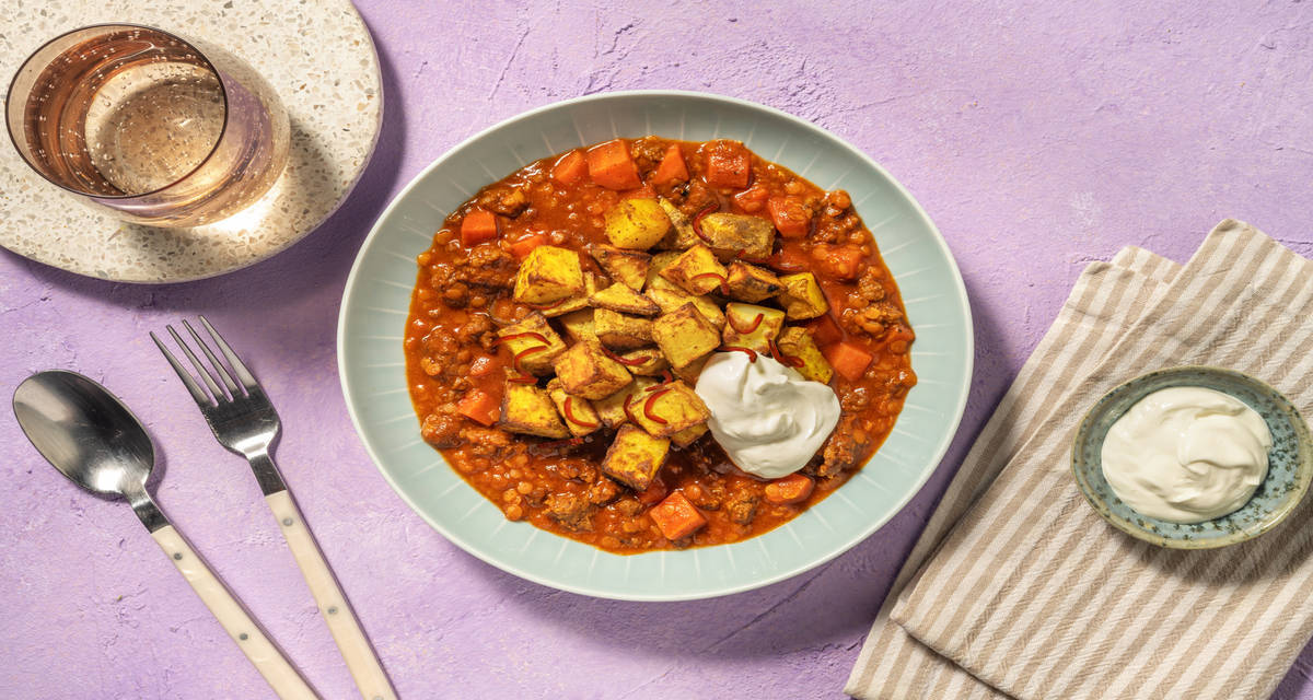 Potato Topped Beef Curry with fresh chilli and creme fraiche