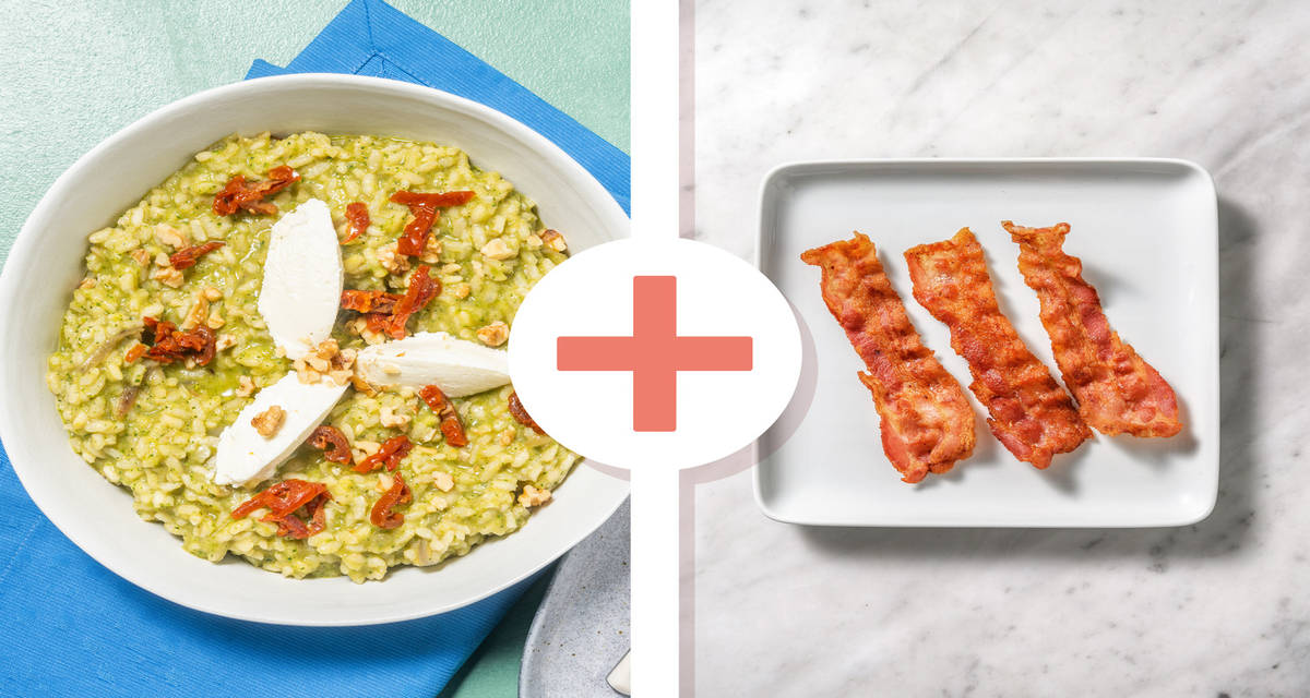 Risotto alle zucchine, ricotta e pancetta con pomodorini secchi e noci