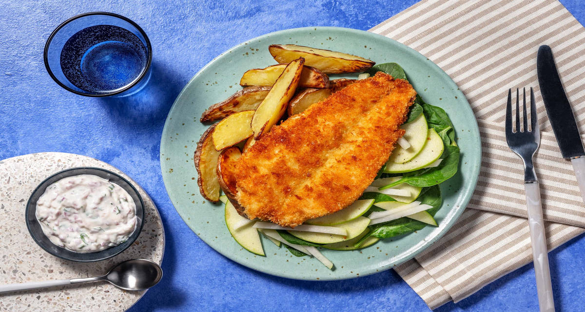 Pankopaneret kuller med tatarsauce og glaskålsalat