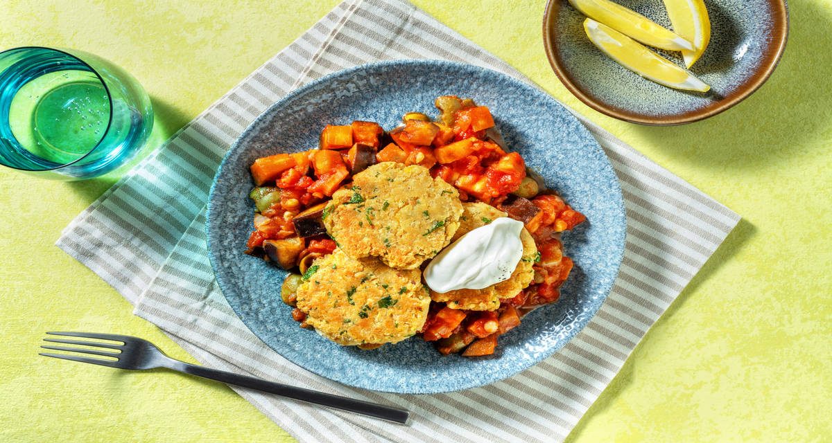 Panelle di ceci e caponata di melanzane con crema di ricotta al profumo di limone
