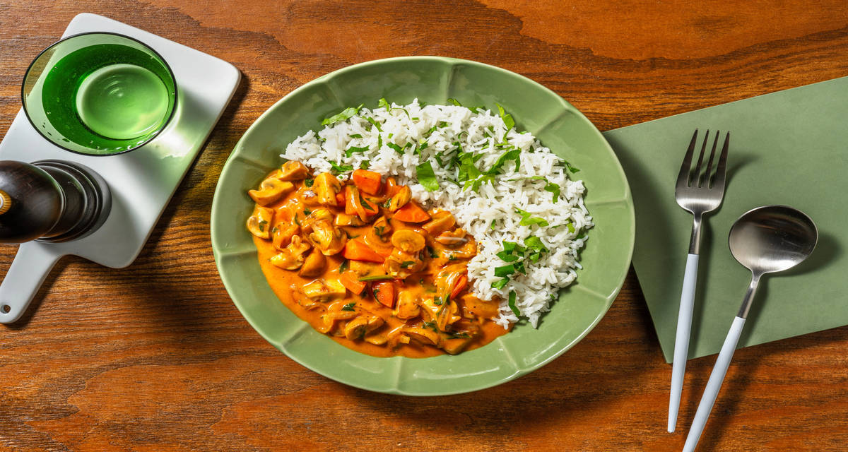 Mushroom Stroganoff with cooling creme fraiche and parsley rice