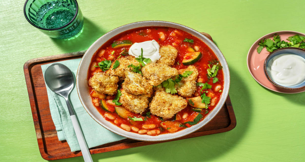 Crispy Cauliflower Topped Bean Chilli with courgette and coriander