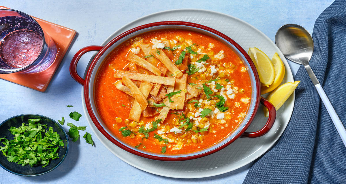 Mexican Spiced Sweetcorn Soup with Greek style cheese and tortilla strips