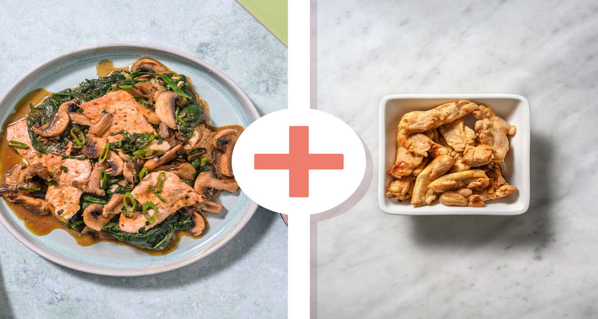 Straccetti di pollo al miso, erbette e funghi con riso Jasmine, soia e cipollotto