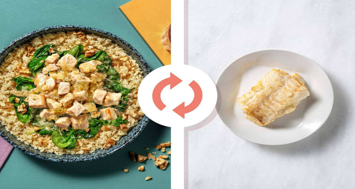 Merluzzo al burro e profumo di timo con couscous, spinaci al formaggio e noci