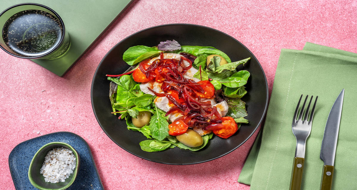 Insalata di lonza e pomodorini caramellati con cipolle alla glassa al balsamico e misticanza