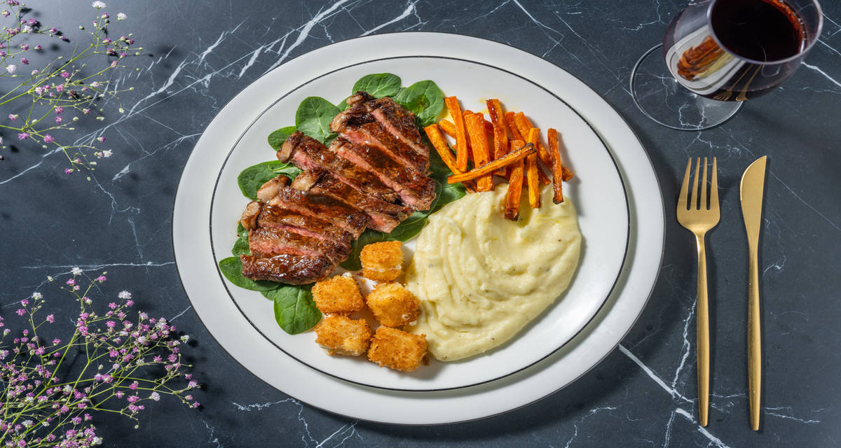 Balsamic Beef Sirloin with velvety mash and baby spinach
