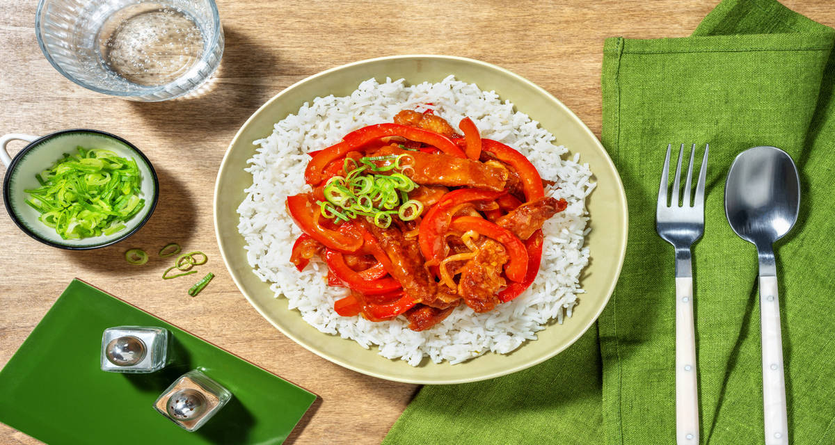 Gu Lao Rou: extra de cerdo agridulce al estilo chino con verduras y arroz basmati