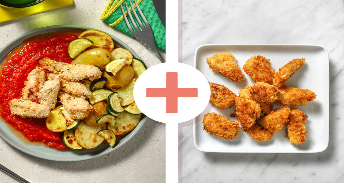 Straccetti di pollo panati al prezzemolo con salsa di pomodorini e verdure al forno