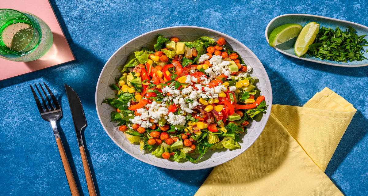 Chickpea and Sweetcorn Salad with Chicken with avocado and crumbled Greek style cheese