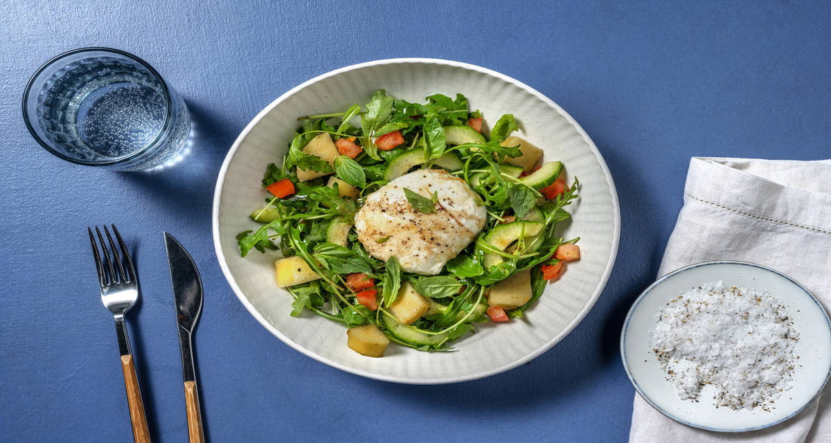 Ensalada de mozzarella y pera caramelizada con verduras frescas aderezada con vinagreta de miel