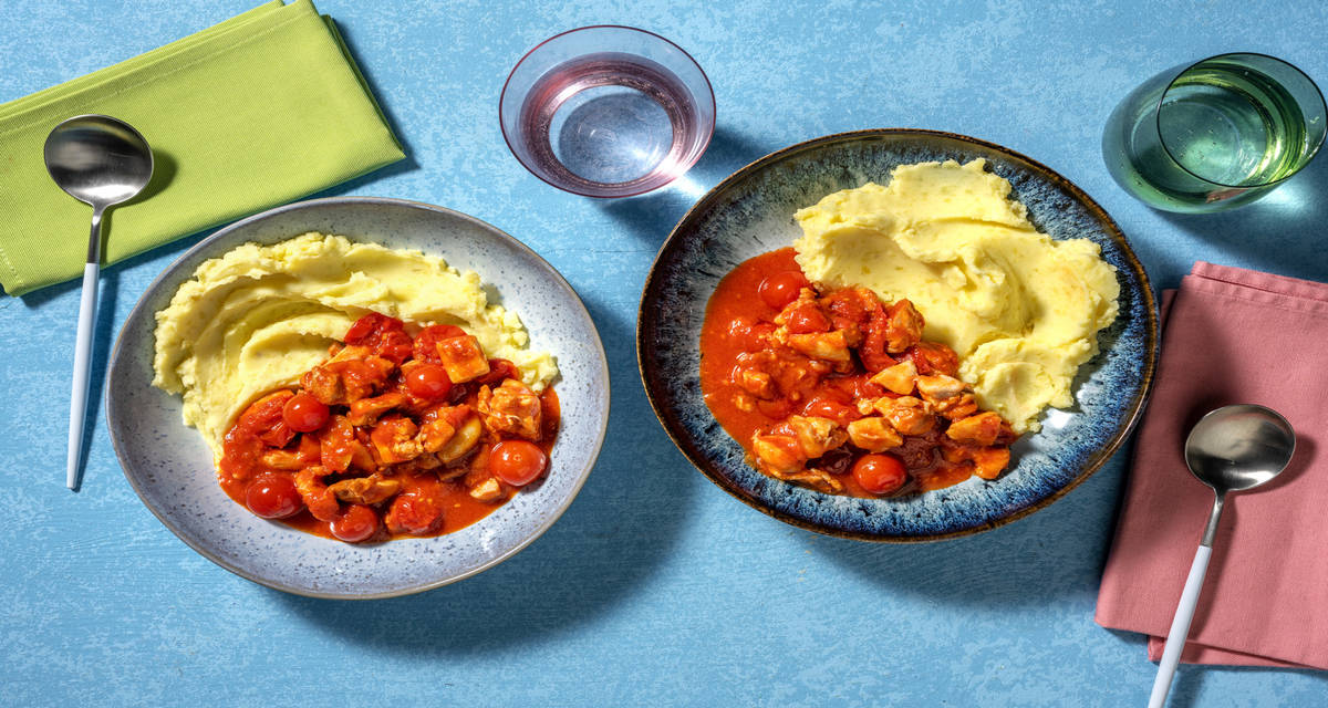 Pollo al sugo alla cacciatora con purè di patate al burro e rosmarino