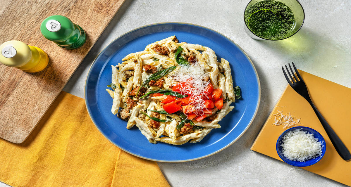 Penne au bœuf en sauce crémeuse salsa de tomate, épinards et gouda