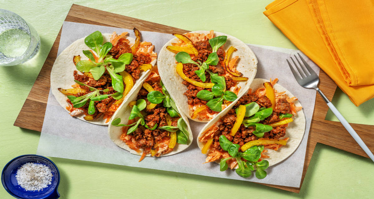 Chipotle Beef Mince Tacos with carrot slaw and roasted pepper