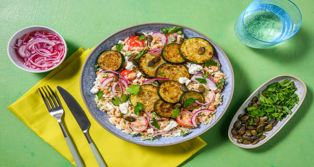 Cajun Spiced Orzo Salad with Greek style cheese and courgette