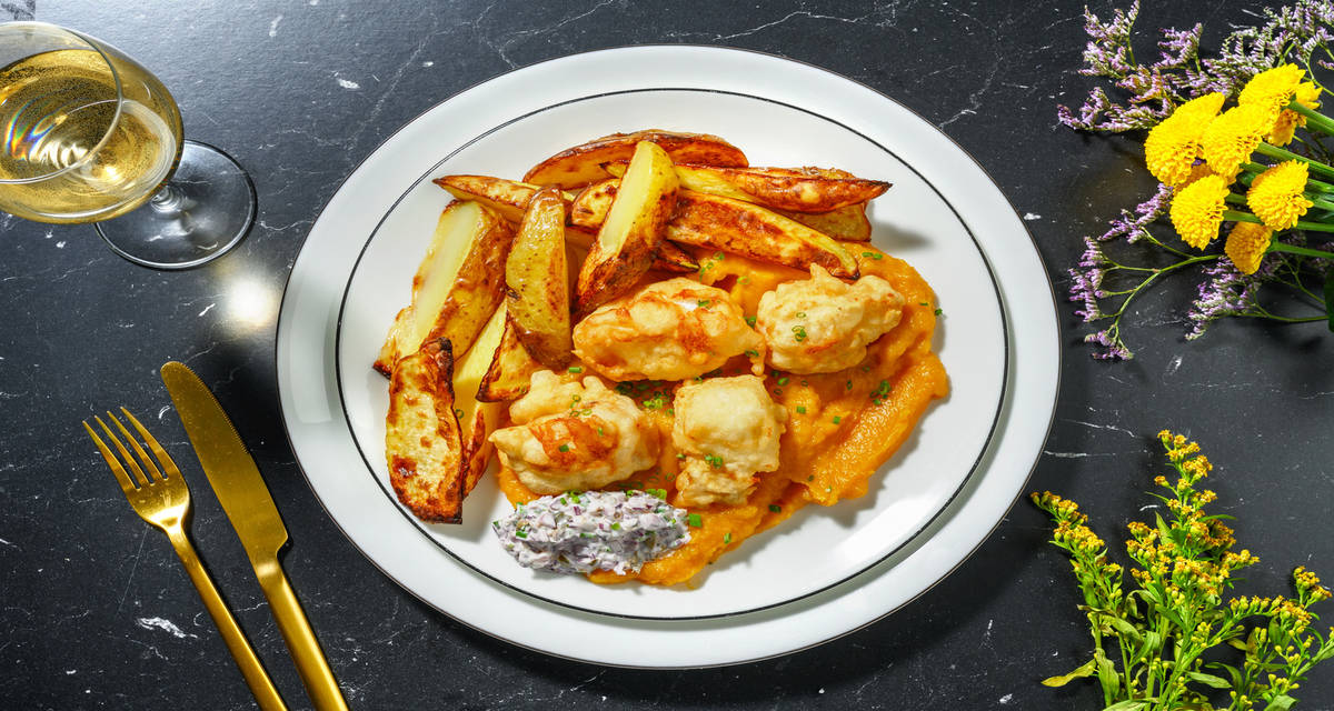 Merluzzo in pastella con purè di zucca e zenzero patate e maio ravigote