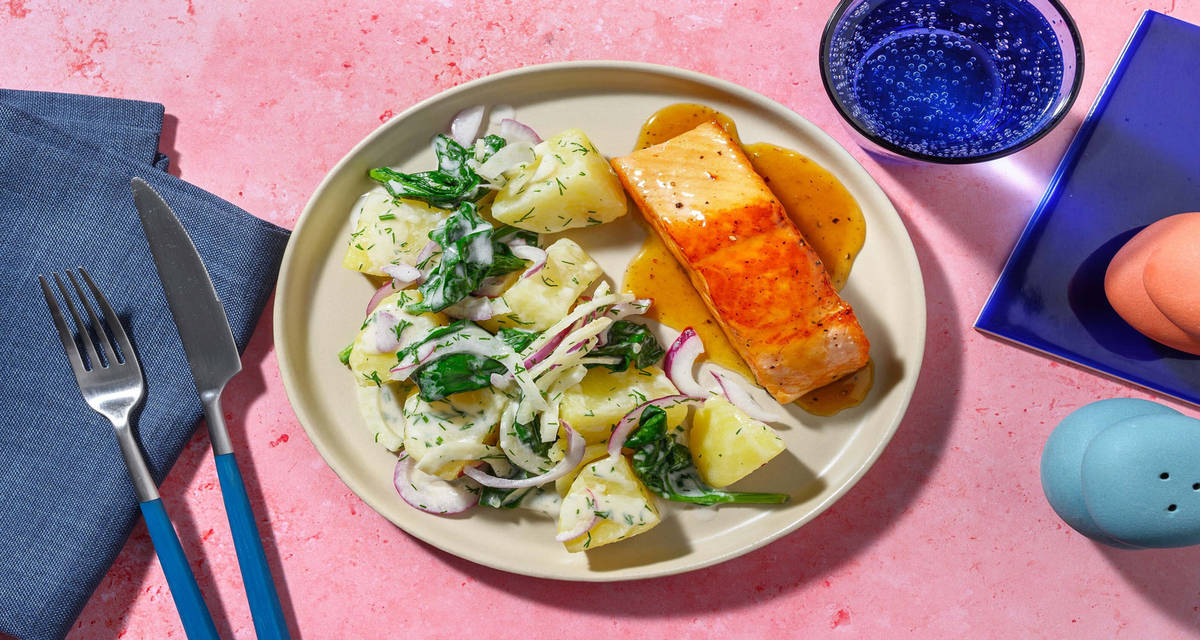 Lax i honungs- och senapssås med krämig potatis- och fänkålssallad