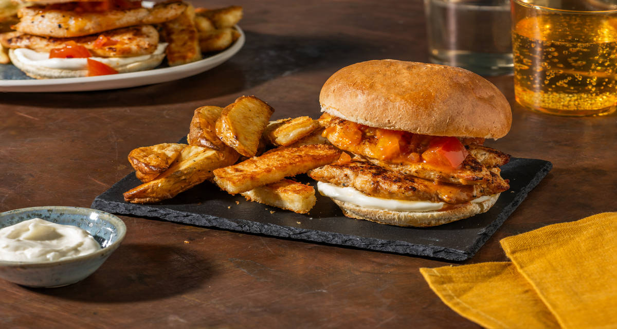 Crumbed Chicken Burger with Hot & Sweet Salsa sweet chilli-sesame grilling cheese and roasted potato chunks