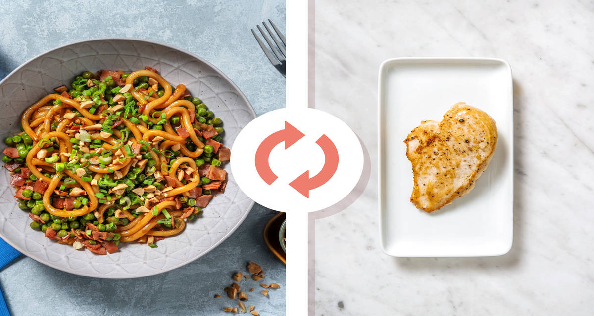 Udon noodles "alla cantonese" con pollo, piselli e arachidi tostate