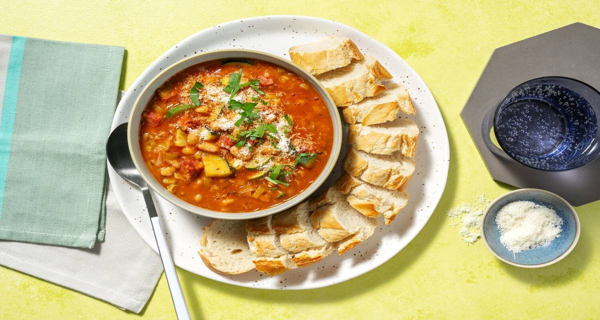 Chorizo and Bean Stew with courgette and crusty baguette