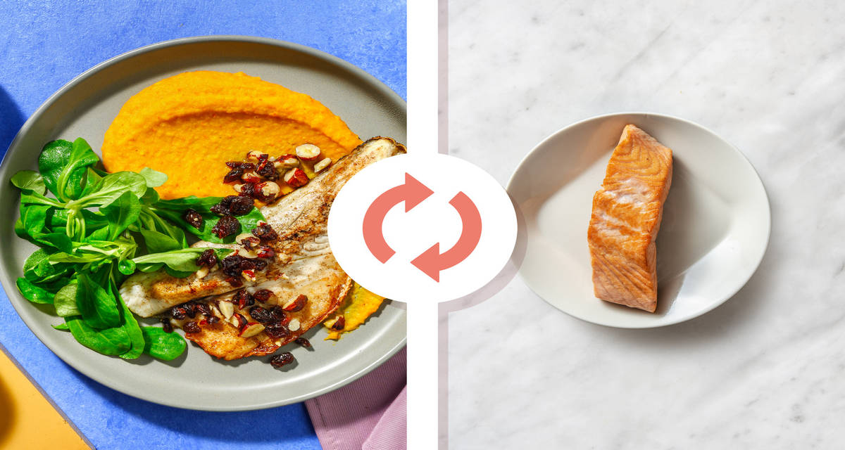 Salmone 'in collina' e zucca cremosa con salsa al burro, uvetta e nocciole
