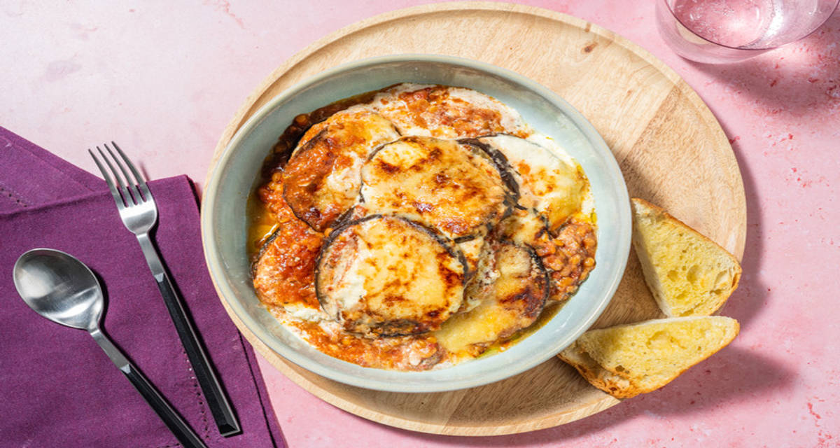 Lentil and Aubergine Moussaka with Irish Beef Mince with toasted ciabatta