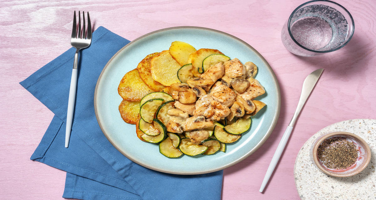 Poulet sauce forestière avec des pommes de terre & des courgettes sautées