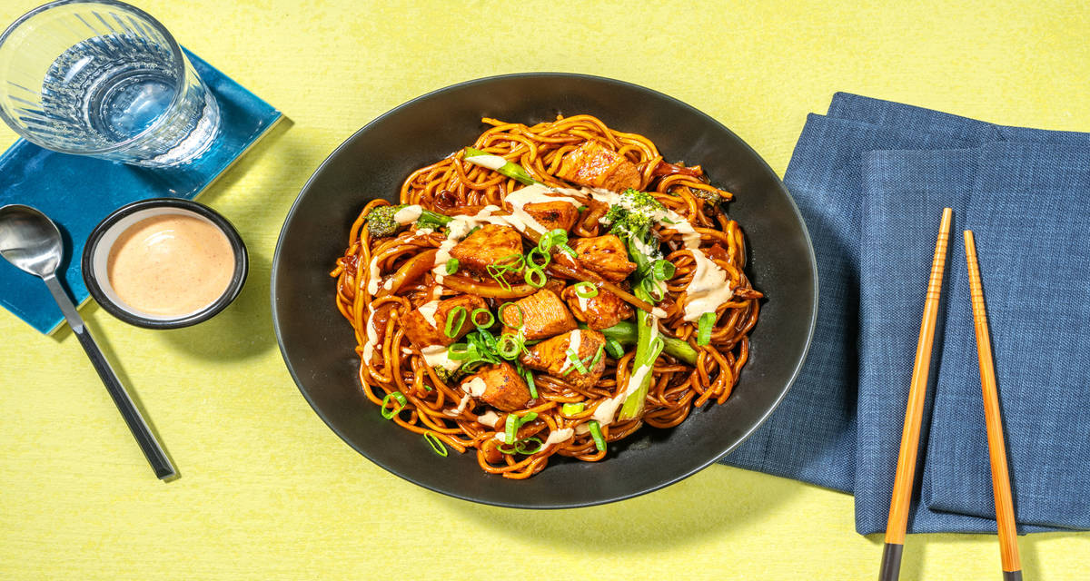 Stir-fried Teriyaki Chicken Noodles with broccolini, bell pepper and paprika aioli