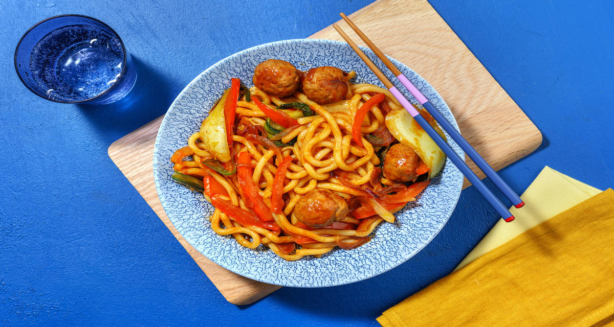 Garlic Beef Meatball Noodles with bell pepper and pak choi