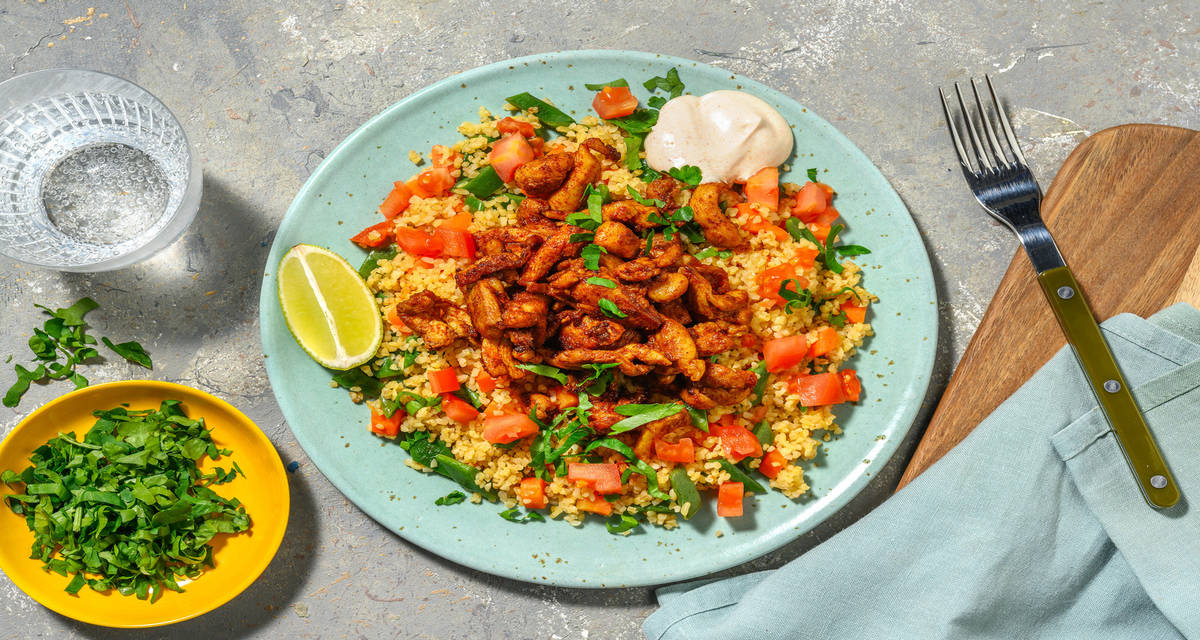 Gyros de poulet et taboulé haricots plats, tomate, yaourt et citron vert