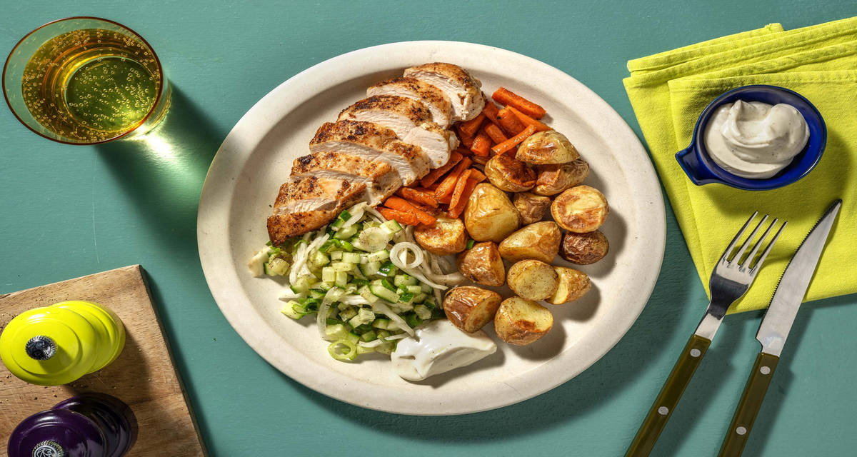 Stekt örtkyckling med syrlig kålsallad och vitlöksdressing