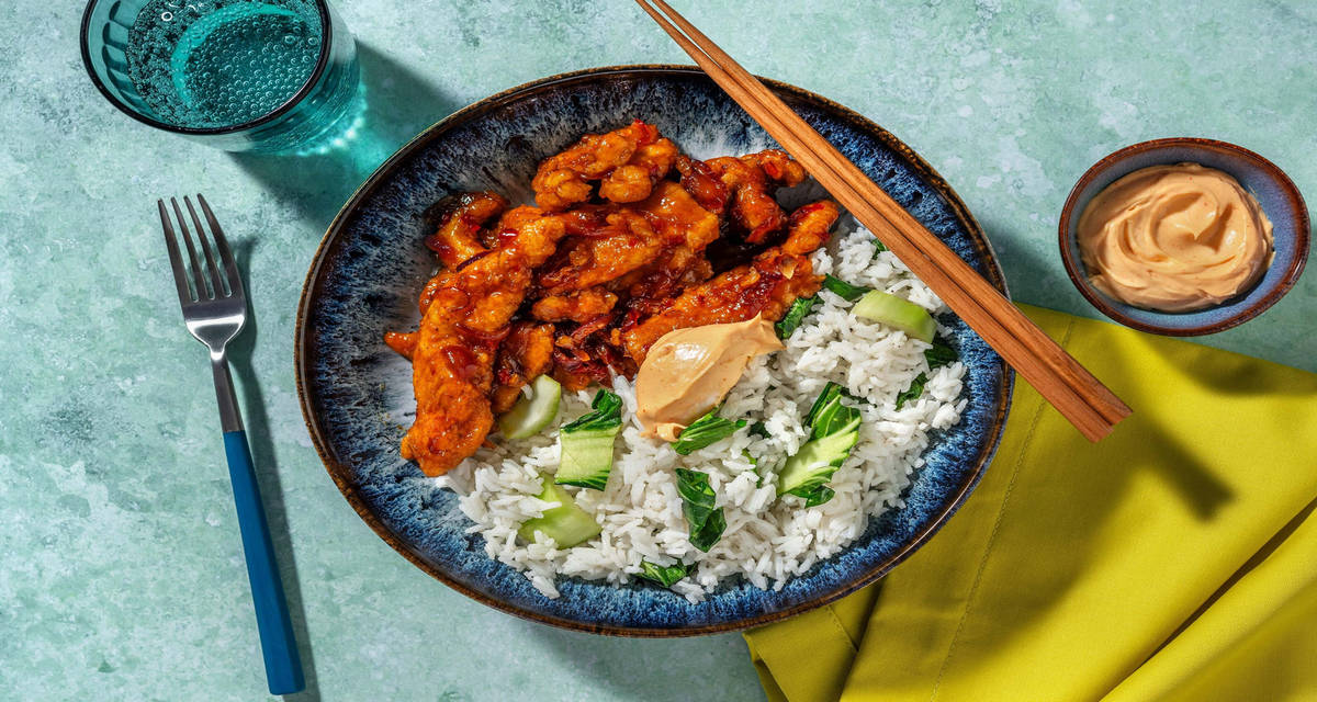 Krydret chilikylling med pak choi-ris og spicy srirachamayonnaise