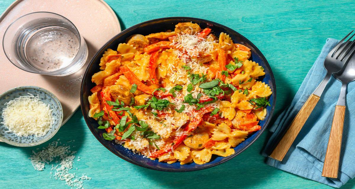Saucisses de poulet et farfalle sauce crémeuse au poivron et basilic frais